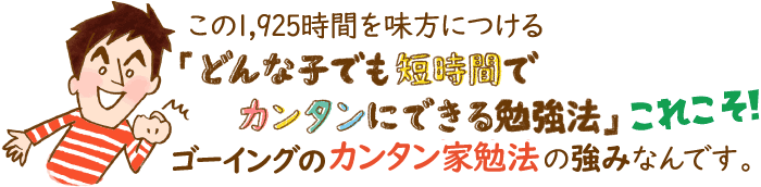 この1,925時間を味方につける「どんな子でも短期間でカンタンにできる勉強法」これこそ!ゴーイングのカンタン家勉法の強みなんです。